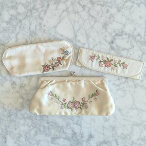 Dainty Vintage Embroidered Satin Clutch with accessories